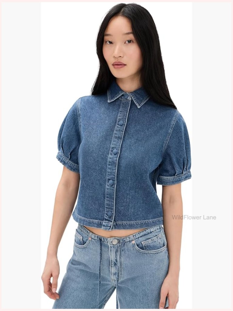 Puff Sleeve Denim Shirt Button Front Collared Neck